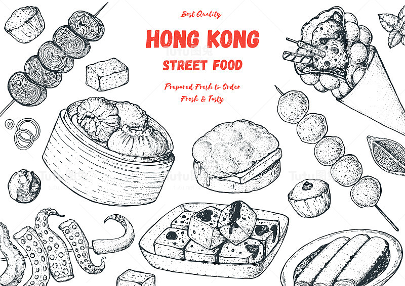 香港街头小吃架。中餐菜单设计模板。复古手绘草图，矢量插图。雕刻风格的插图。亚洲街头美食小品。