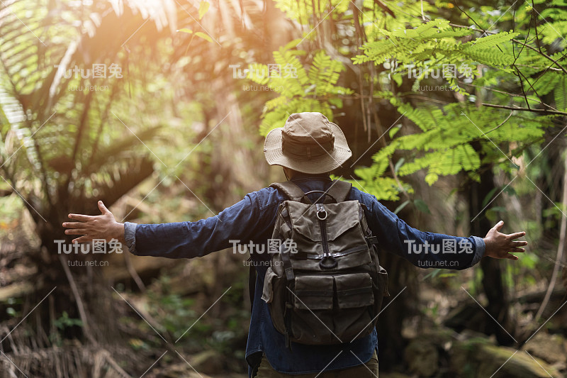 徒步旅行者在大自然美丽的热带雨林中旅行。年轻的亚洲人踏上了穿越森林的旅程。双臂挺立，欣赏大自然。