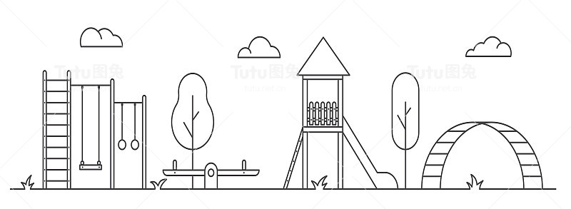 儿童游乐场。艺术线条插图。公园景观有秋千，长凳和滑梯。轮廓矢量图