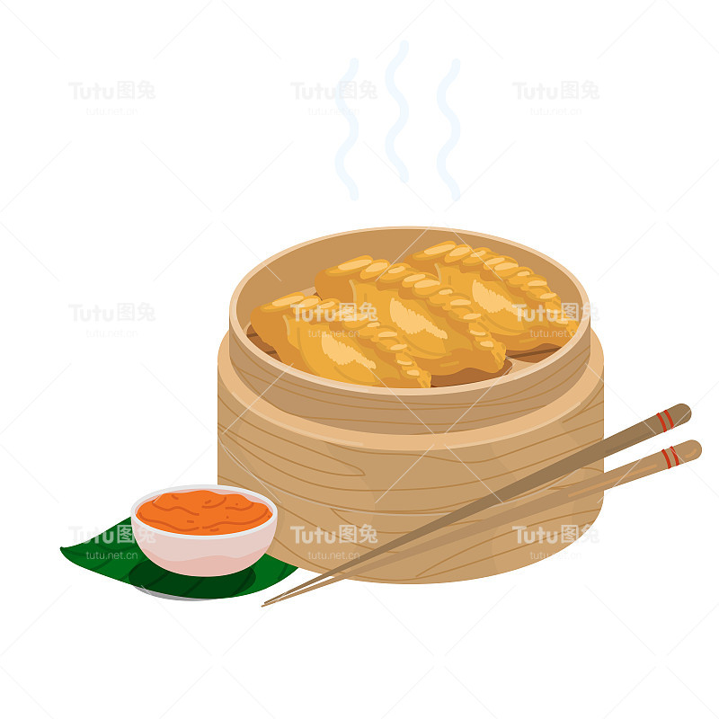 在蒸笼里煎馍馍饺子。矢量图蒸汽油炸馍馍