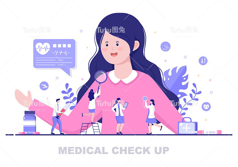 医疗健康检查背景着陆页插图。医生照顾病人测量血压或心脏为旗帜和其他