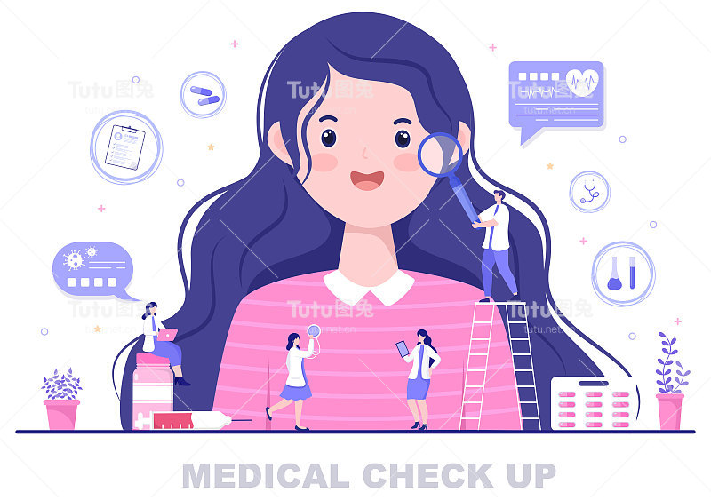 医疗健康检查背景着陆页插图。医生照顾病人测量血压或心脏为旗帜和其他