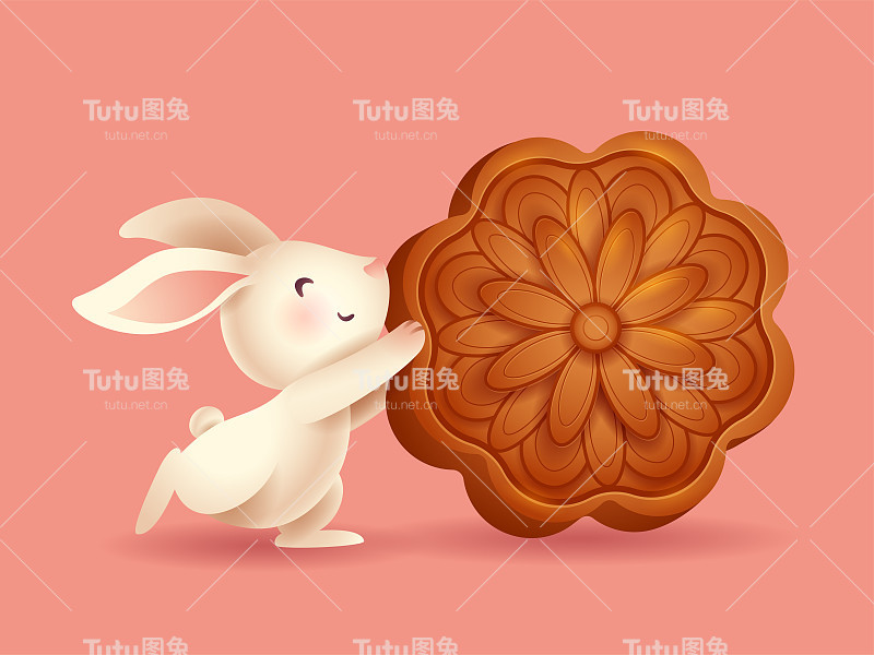 中秋节。可爱的兔子拿着一个月饼。