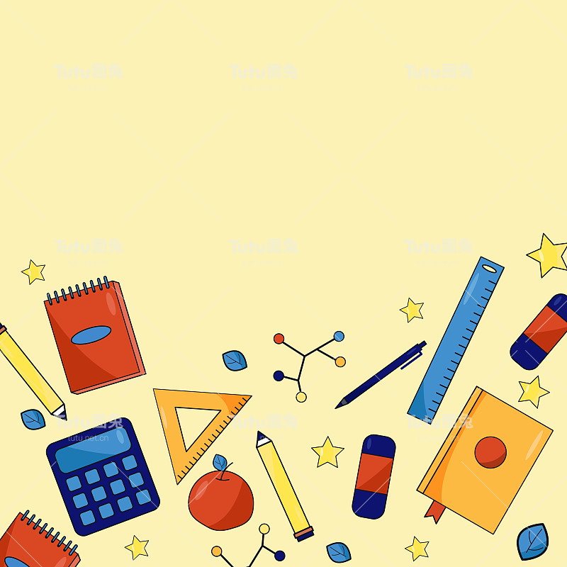 回到学校背景。笔记本，计算器，尺子，铅笔，
