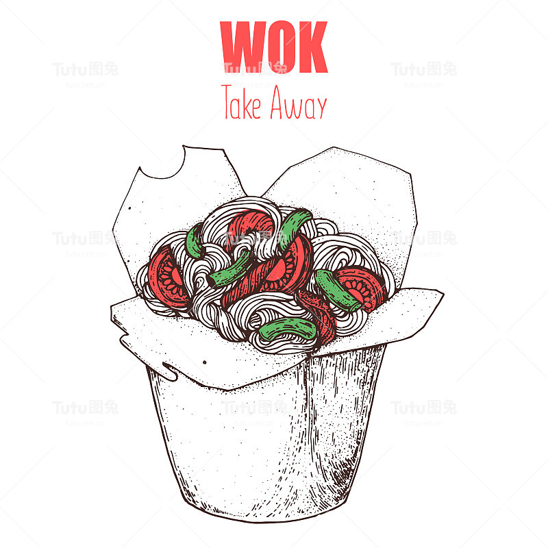 手绘矢量插图-锅盒草图。纸板箱里的面条。亚洲食品。