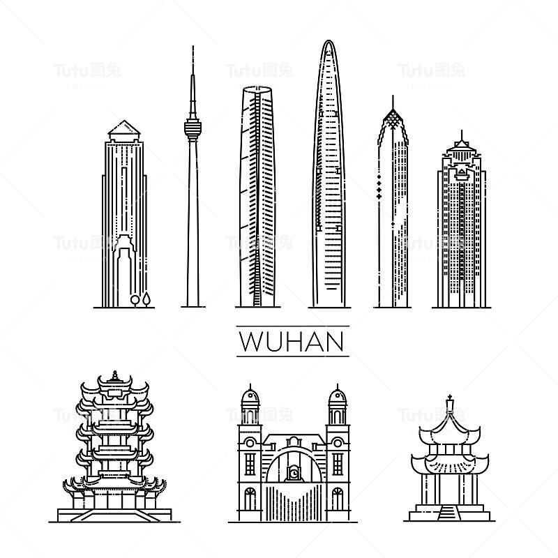 武汉，中国，线艺术矢量插图与所有著名的建筑