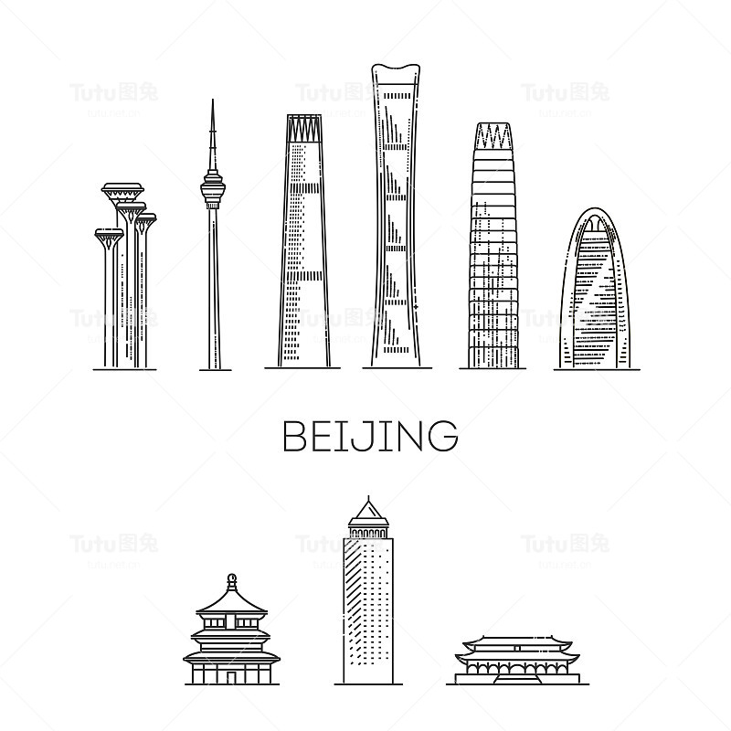 北京，中国，建筑线条天际线插图。线性矢量城市景观与著名的地标