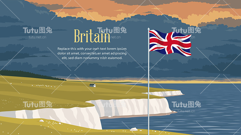 英国国旗前的风景与多佛的白色悬崖。