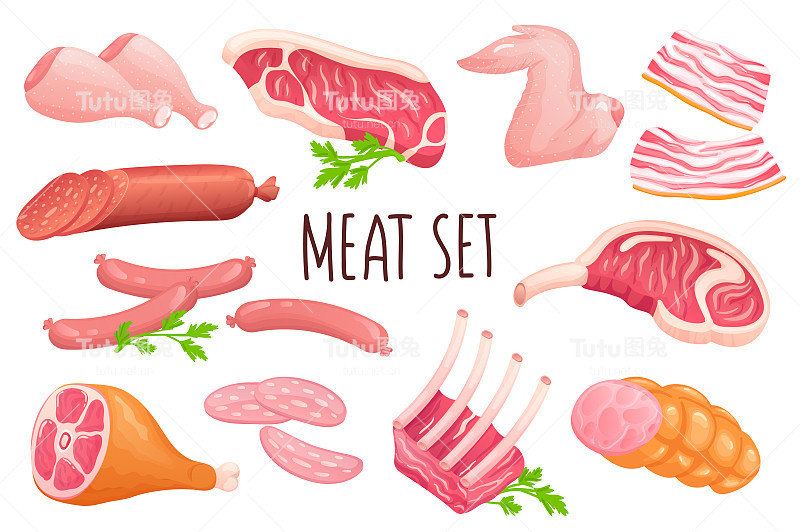 肉类图标设置在现实的3d设计。一捆鸡翅和鸡腿，牛排，排骨，培根，火腿，香肠等。肉店产品收藏。矢量插图孤立的白色背景
