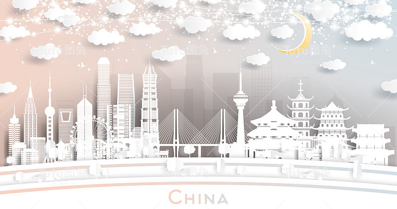 剪纸风格的中国城市天际线与白色建筑，月亮和霓虹灯花环。
