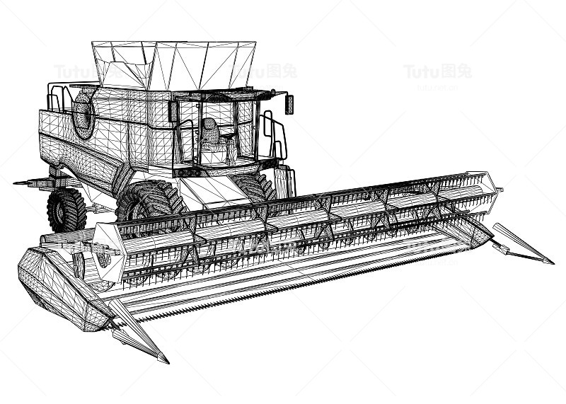 结合收割机线框从黑色线孤立的白色背景。3 d。矢量图