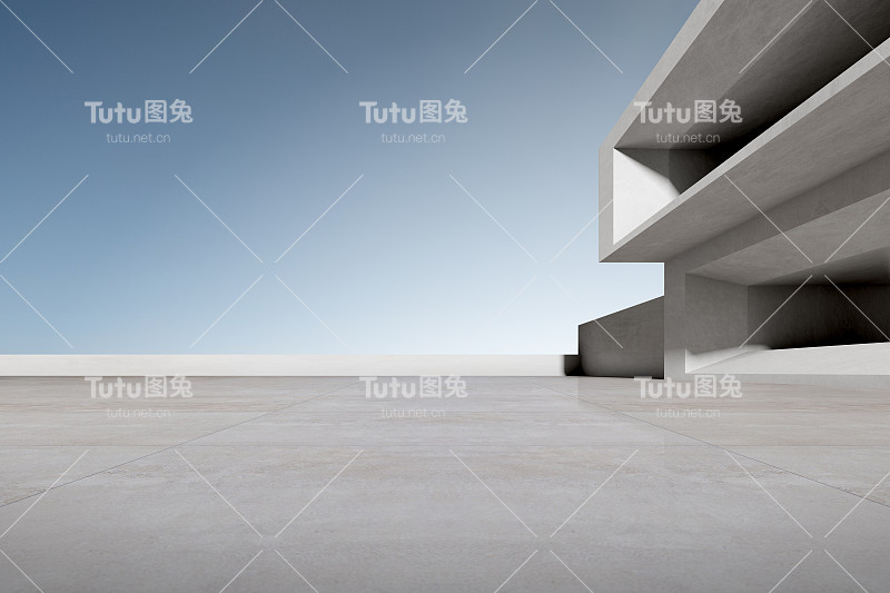 3d渲染混凝土建筑与停车场，空水泥地板。