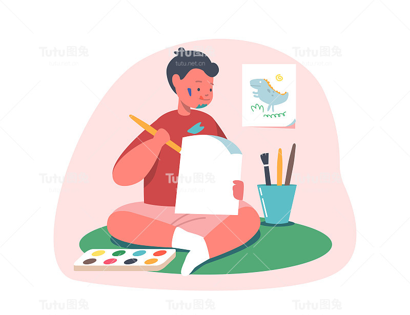 小男孩拿着画笔享受绘画娱乐。儿童绘画，文字创作，儿童创造力