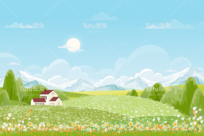春天绿色的田野景观以山，蓝天和白云为背景，全景宁静的乡村自然在春天与绿色的草地。卡通矢量插图的春天和夏天旗帜