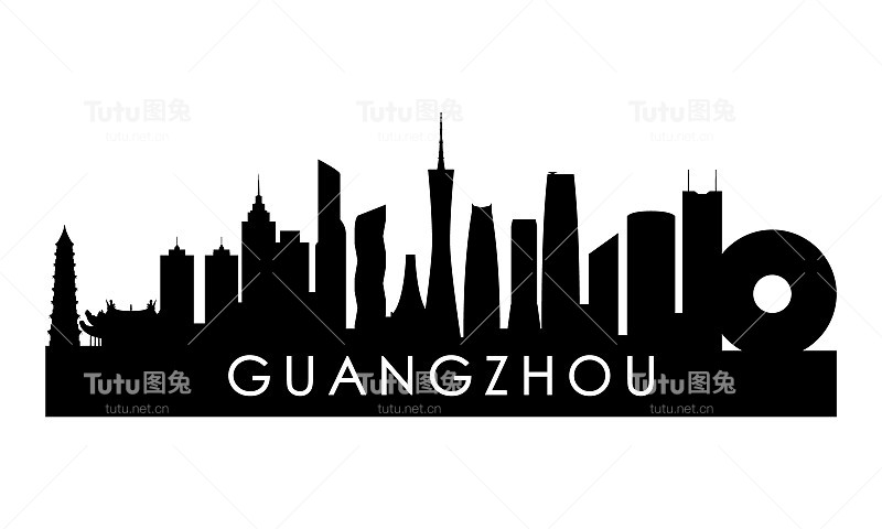 广州天际线轮廓。白色背景下的黑色广州城市设计。
