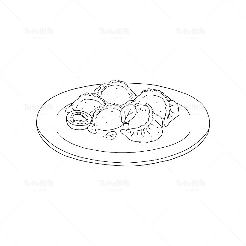饺子盘上，黑线手绘矢量插图孤立。