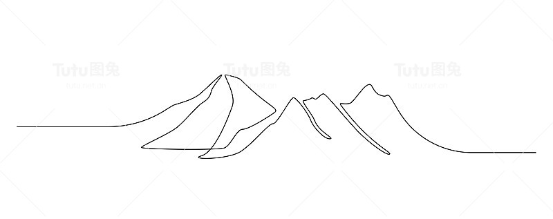 山脉景观的一幅连续线条画。在简单的轮廓风格坐骑的俯视图。冒险远足和冬季运动概念孤立在白色背景上。线性向量插图