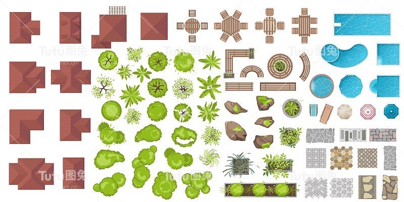 设置建筑和景观元素，俯视图。收藏房屋、植物、花园、树木、游泳池、户外木制家具、瓷砖。平面向量。表、长凳、椅子。从以上观点。