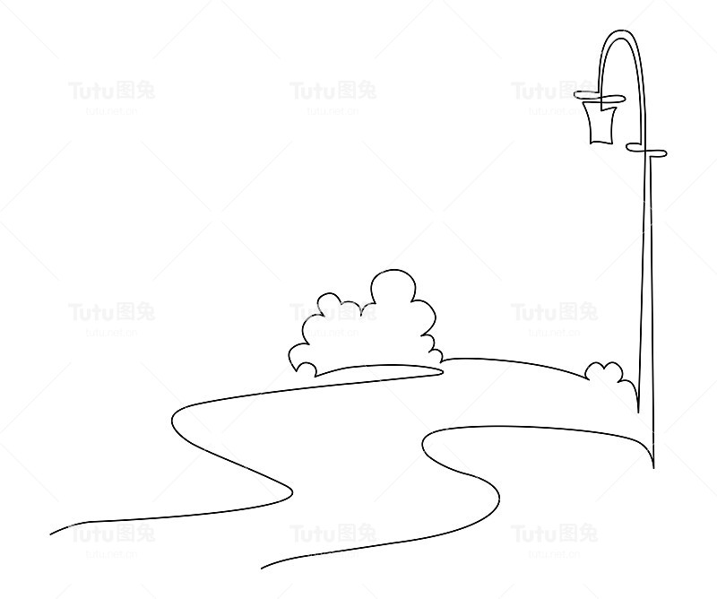 景观公园有一条小路、树木和一根路灯柱。连续的线条画。矢量插图。轮廓小径