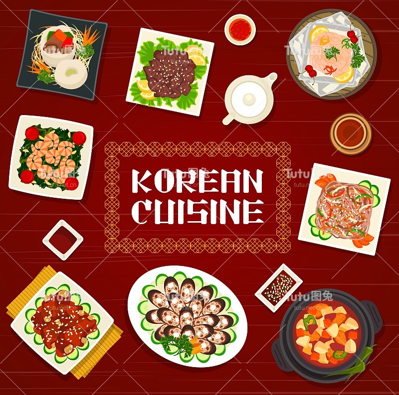 韩国美食卡通矢量海报，韩国美食