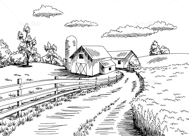 农场田野图形黑白风景素描插图矢量
