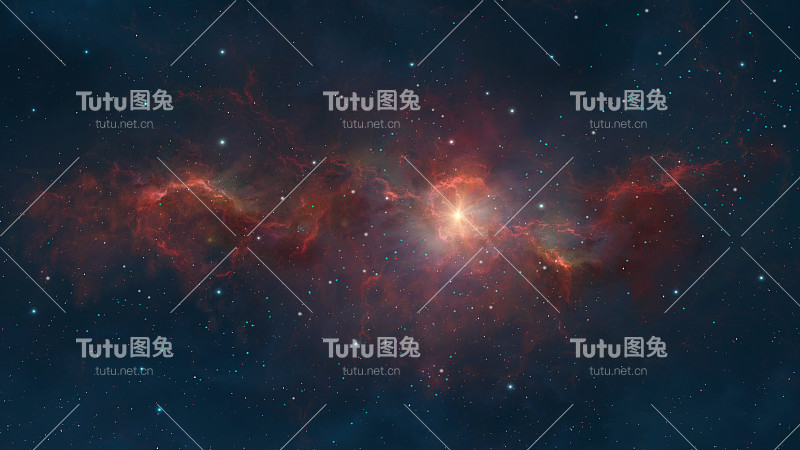 空间背景。彩色的红色和蓝色星云与恒星场和太阳。数字绘画