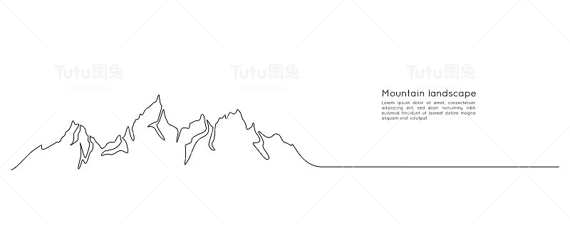 一幅山脉景观连续线条图。极简的天际线与坐骑高峰在简单的线性风格。冒险冬季运动概念孤立于白色。画矢量图