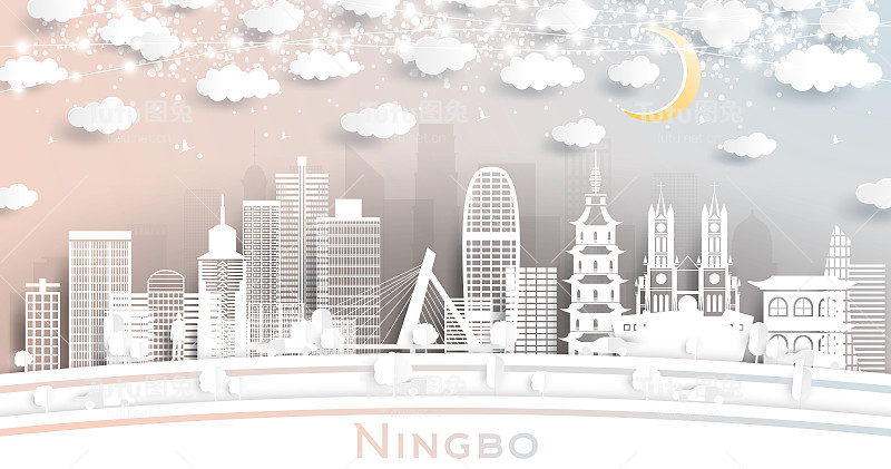 中国宁波城市天际线剪纸风格的白色建筑，月亮和霓虹花环。