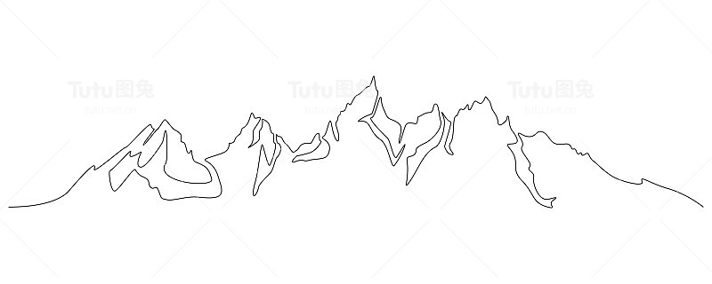 一幅连续线条的山脉景观剪影图。Web横幅与安装脊在简单的线性风格。冒险冬季运动概念孤立。画矢量图
