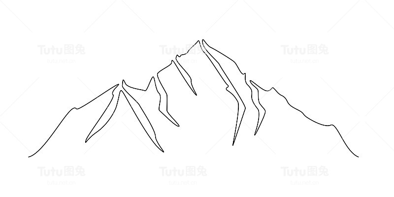 一幅连续线条的山脉景观剪影图。全景天际线与安装脊在简单的线性风格。冒险冬季运动概念孤立在白色上。矢量图