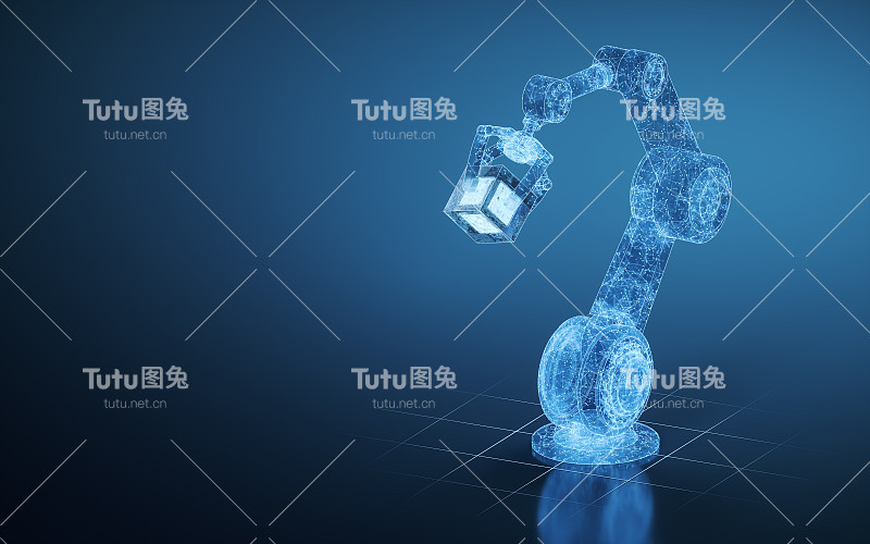 蓝色背景的机械手臂，3d渲染。