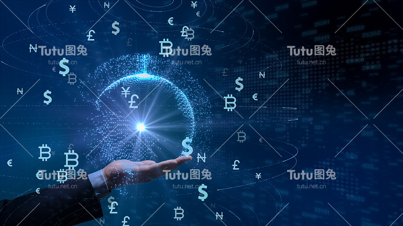 股票市场分析和股票交易，货币符号，商业图表和全球资金转移。3 d演示。