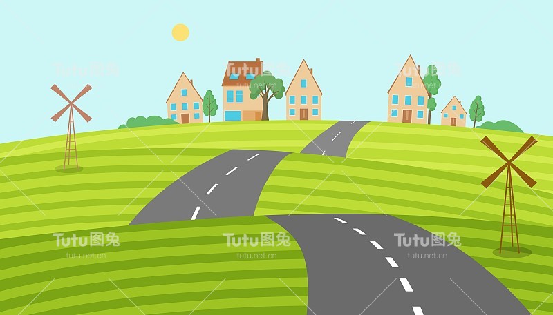 公路穿过丘陵地带通往村庄。绕组环形道路