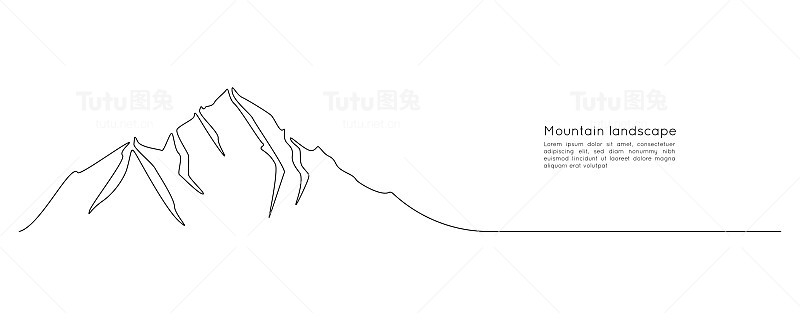 一幅连续线条的山脉景观剪影图。全景天际线与山峰在简单的线性风格。冒险冬季运动概念孤立在白色上。矢量图