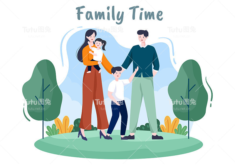 快乐的父母和孩子花时间一起在公园做各种放松的活动在卡通平面插图的海报或背景