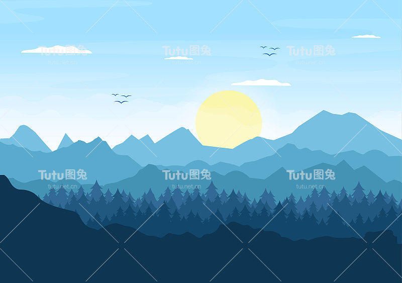 晨景山，山，湖和山谷的日出景观在平坦的自然海报，横幅或背景插图