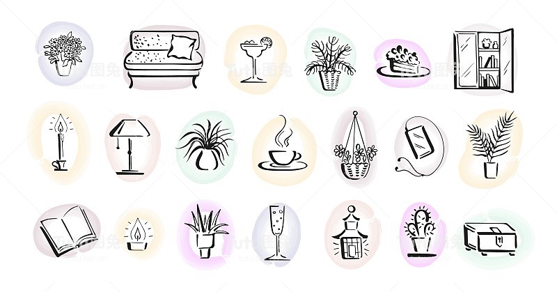 家的hygge，放松的氛围与室内物品的休闲和室内生活方式。收集美丽的涂鸦对象在彩色斑点背景