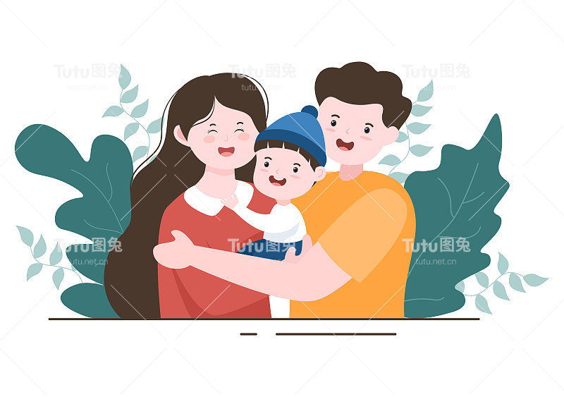 在爱的家庭中，父母和孩子相互拥抱。可爱的卡通背景矢量插图横幅或心理学