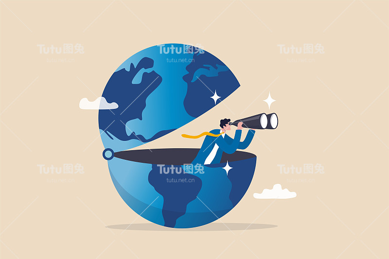 世界经济视野或国际商业、工作或投资机会，寻找海外商业理念，精明的商人用双筒望远镜打开全球，寻找未来的视野。