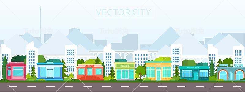 矢量海报俯瞰城市建筑。城市的观点。摩天大楼林立的现代化城市。