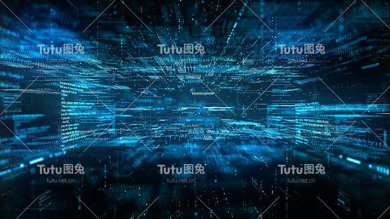 数字空间未来化，数字数据矩阵流动与照明，5g高速连接数据分析过程抽象背景。三维渲染