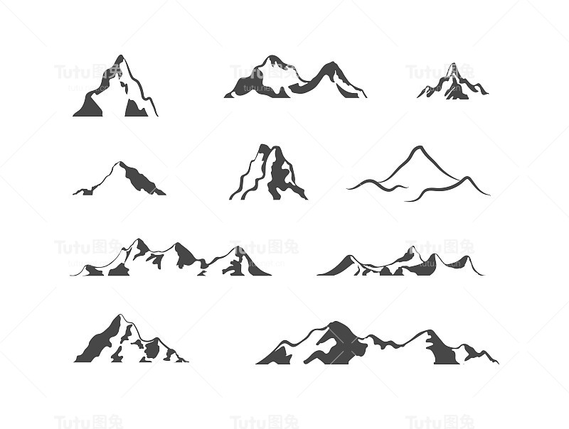 矢量山，图标设置孤立在白色背景，山的形状，不同的小山。