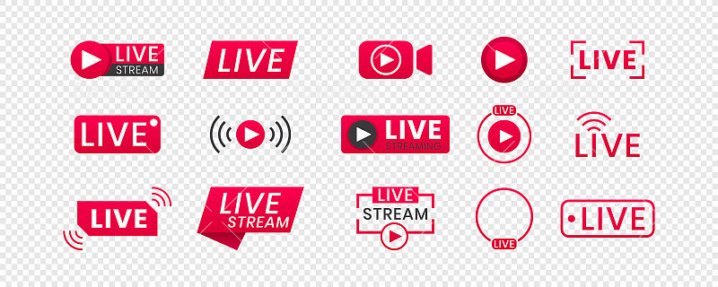 透明背景上的实时流图标。广播、直播或在线直播按钮。电视，在线频道，突发新闻，社交媒体的模板