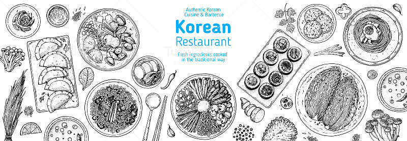 韩国食品俯视图插图。手绘草图。拌饭，泡菜，紫菜包饭，饺子，面条，烤肉串。韩国街头小吃，外卖菜单设计。矢量插图。