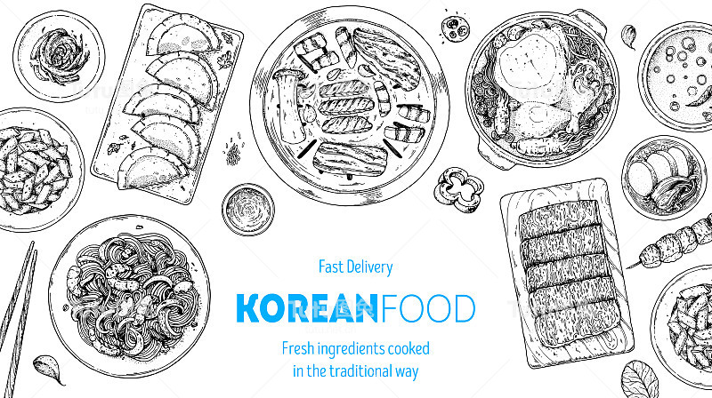 韩国食品俯视图插图。手绘草图。参鸡汤、饺子、日式煎饭、日式煎饭、和牛肉、面条、烤肉串。韩国街头小吃，外卖菜单设计。矢量插图。
