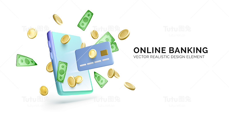 网上银行的概念。互联网支付和转账。3d手机与飞金币和纸币和信用卡