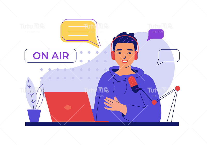 一个戴着耳机的年轻人正在直播播客