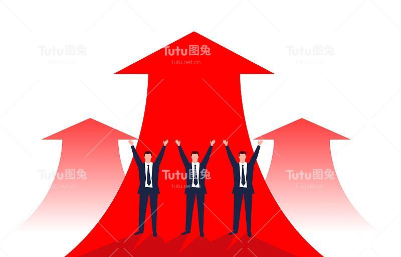 三位商人站在一支上升的箭上欢呼，企业成长、晋升、事业发展、成功理念