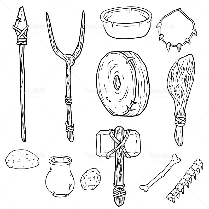 一套原始人和猎人的物品。穴居人的武器。石器时代的锤子，斧头和棍棒。生活方式和工具。卡通插图