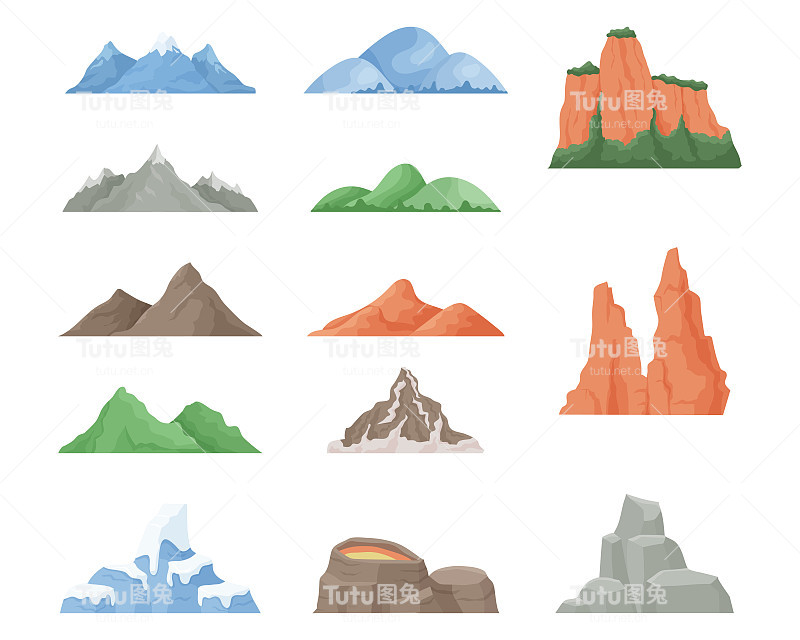 卡通山。青山、甜品石、雪山，户外景观元素。向量独立设置